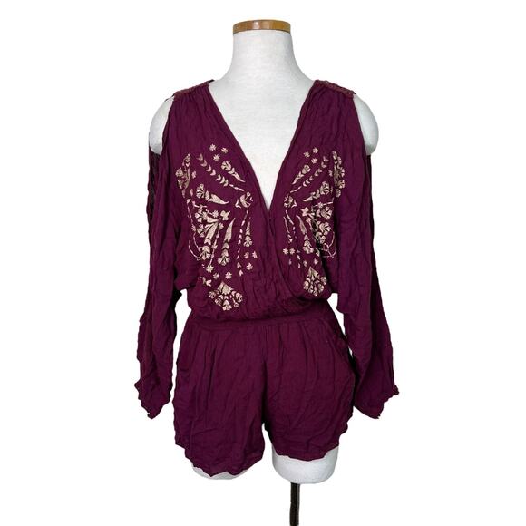 Free People Embroidered Faux Wrap Cold Shoulder Gauze Romper Maroon Womens XS - Picture 1 of 7